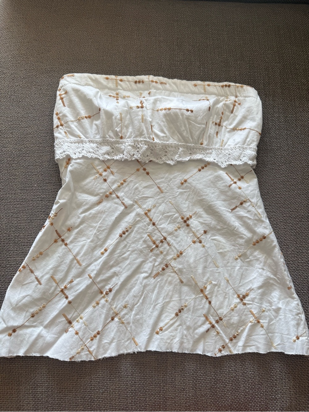 Vintage Y2K White Brown Embroidered Lace Tube Babydoll Boho Western Top Size XS